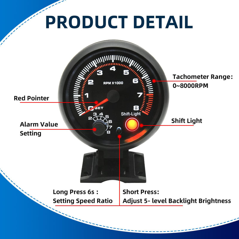 3.75 inch (95mm) Tachometer with Shift Light, 8000 RPM Gauge, 5-Level Adjustable Brightness Backlight Tach for 12V AUTO