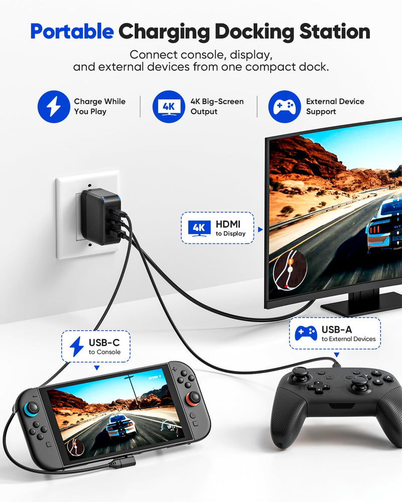 Switch 2 Dock Charger Kit, 65W Portable Docking Station with 4K HDMI Cable | Portable Docking Station Compatible with Switch 2/1/OLED Steam Deck, 4K HDMI cable, USB-C cable, Travel TV Dock for Nintendo Black