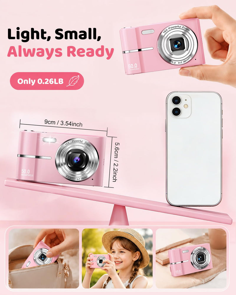 Pink Digital Camera, 50MP FHD 1080P Portable Point and Shoot Camera, Small Digital Camera with 16X Digital Zoom, Anti-Shake Vlogging Device for Daily Life, Travel, Kids, and Beginners Pink