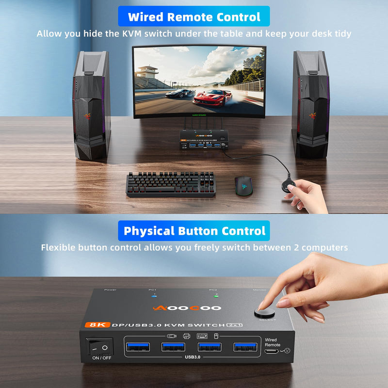 DP KVM Switch 1 Monitors 2 Computers, 8K@60Hz/4K@240Hz KVM Switch for 2 PC Sharing 1 Monitors, Keyboard, Mouse, with USB3.0 Cables, Wired Controller and Power Adapter 8K 2 PC 1 Monitor DP KVM