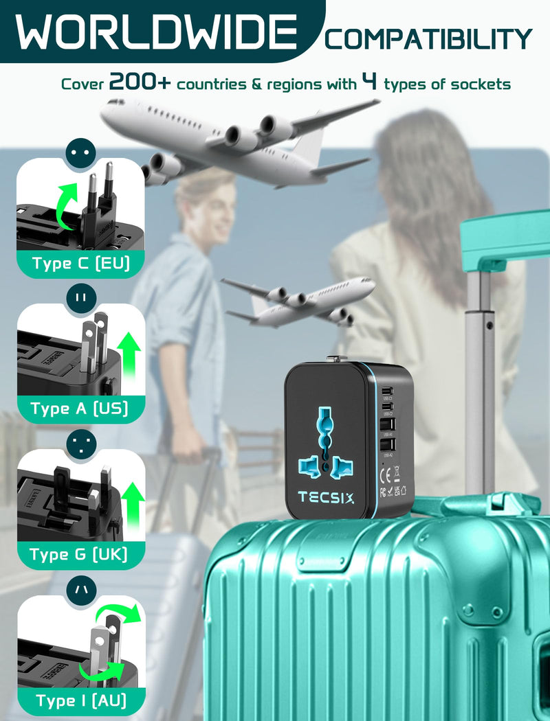 Universal Travel Adapter Worldwide, TECSIX European Travel Plug Adapter with 2 USB C, 2 USB A and Multi AC Outlets, International Power Converter for EU US UK AUS 200+ Countries Type A C G I black blue