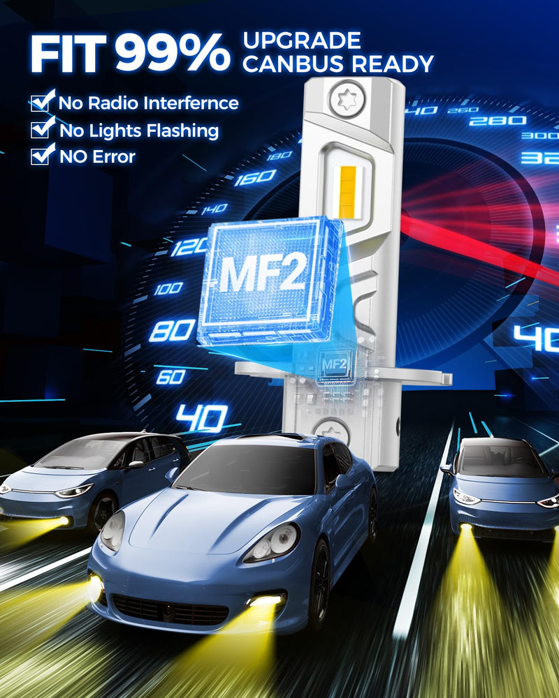 Marsauto H3 Yellow Led Fog Light Bulb, 600% High Bright H3LL Fog Lights Led, 12,000LM 3000K Amber Yellow Strong Penetration, 2024 New Upgraded CSP Chips H3 Fog Bulb for Car, Pack of 2 H3/H3ll