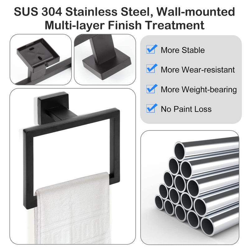 2-Piece Matte Black Square Towel Ring,Modern Hand Towel Holder for Bathroom,Stainless Steel Towel Hangers Wall-Mounted Bathroom Accessories 2 Pcs