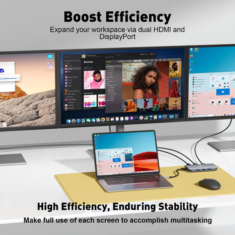USB C Docking Station Dual Monitor, Laptop Docking Station 3 Monitor, USB C Hub Dual 4K@60Hz HDMI Display with DisplayPort Port, 5Gbps USB-A/C Data Port, 100W PD, for HP/Dell/Lenovo/Laptop