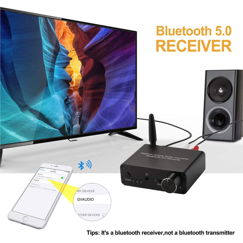 192kHz Digital to Analog Converter Bluetooth 5.0 Receiver DAC with 16-300Ω Headphone Amplifier Optical/Coaxial to RCA 3.5mm Audio Output with Volume Control for TV Phone Tablet (Normal, Basic) normal