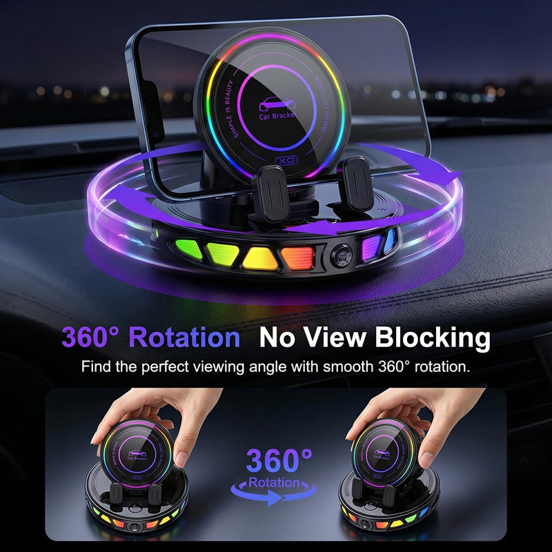 Wireless Car Charger Dashboard Phone Holder,15W Fast Charging One-Hand Operation Rotatable Bracket with RGB Light,Anti-Slip Navigation Mount with Strong Suction Cup, for Most Smart Phone