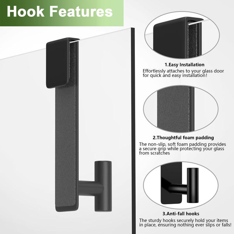 Shower Door Hooks, Heavy Duty Rack Hooks for Robe, Stainless Steel Towel Hooks for Bathroom, Fits Frameless Glass Shower Doors up to 3/8" (10mm) Thick (Black, 2 Pack) "T" Shape- 2 Pack Black