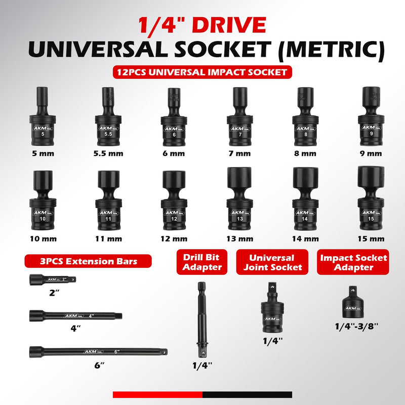 1/4" Drive Universal Impact Socket Set, 18 Piece Swivel Socket Set, Universal Joint Wobble Socket 6-Point, Metric, 5-15mm, Cr-Mo, with Extension Bars, Socket Adapter, Drill Bit Adapter 18 PCS 1/4" Drive Swivel Socket Set