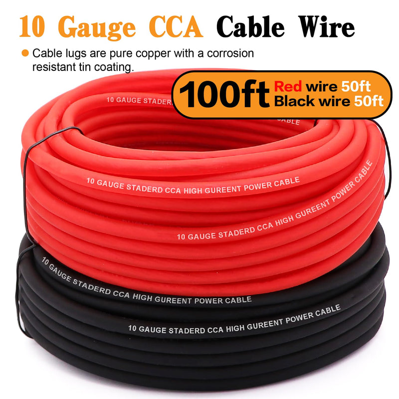 AWG 10 Gauge Wire Cable CCA (50ft Each-Black/Red) with Ring Fork Spade Splices,Heat Shrink Connectors,Fuse Holder and 40A Fuses for Power/Ground Cable,Car Audio Speaker AWG10 100FT-Red/Black