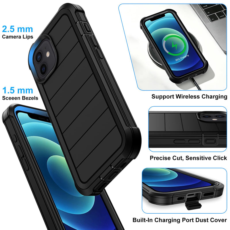 for iPhone 12 Case/iPhone 12 Pro Case with Belt Clip Holster Screen Protectors, Heavy Duty Military Grade Shockproof Protection Anti-Drop Kickstand Phone Cover for Apple 12/12 Pro (Black) Black