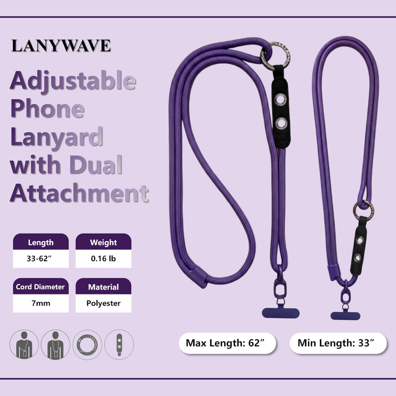 Adjustable Crossbody Phone Lanyard with Hanging Loops | 7mm Braided Rope, Sliding Buckle, Hands-Free Carry, Fits Most Phone Cases, Includes Tether Tab Deep Purple