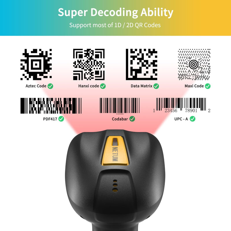 NETUM Upgraded QR Industrial Bluetooth Barcode Scanner with Charging Dock, Wireless 2D 1D Bar Code Reader 2600mAh Drop Protection Shock Dust Proof Hands Free for Windows Mac Android iOS (NT-1200) NT-1200