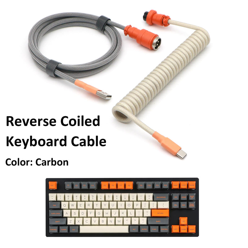 Reverse Coiled USB-C Keyboard Cable, Double-Sleeved Mechanical Keyboard Cable with Detachable Metal Aviator, 5FT USB-C to USB-A (Carbon) Carbon