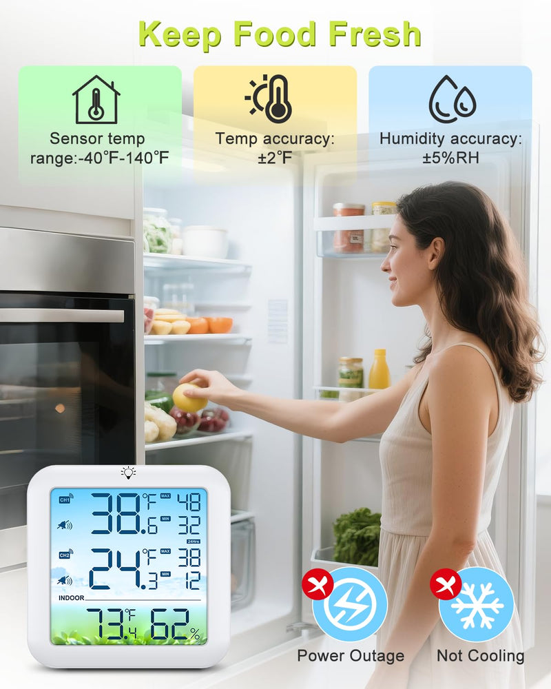 Wireless Fridge and Freezer Thermometer with Alarm, Max/Min Temperature Records Digital Refrigerator Thermometer, 328FT Remote Range, Magnetic & Stand Options for Kitchen Home Restaurant
