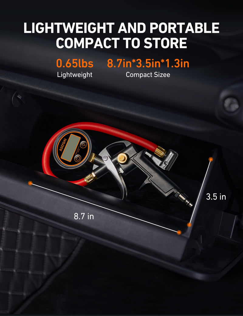 AstroAI T1 Digital Tire Pressure Gauge with Inflator, 3-250 PSI Air Chuck with Pressure Gauge, Heavy Duty with Quick Connect Coupler, Calibrated to ANSI B40.7 Grade 2A Digital 3-250 psi Red