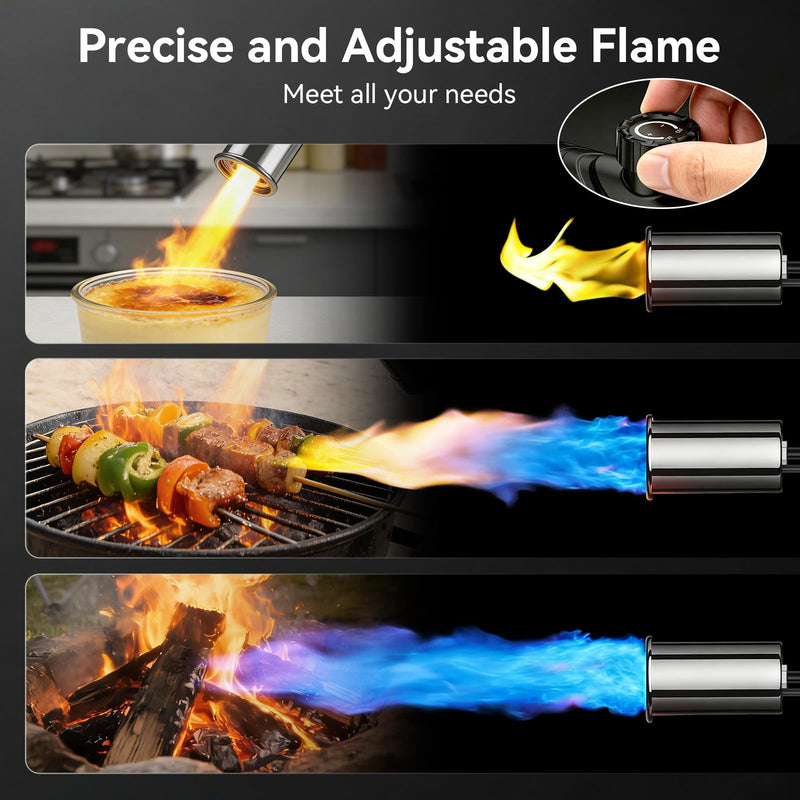 Propane Torch with Felt Storage Pouch, One-Tap Max Flame, Safety Lock, Adjustable Precision Flame, Kitchen Blow Torch Gun for Sous Vide, Searing Steak, BBQ Grill, Camping (Tank Not Included) Silver