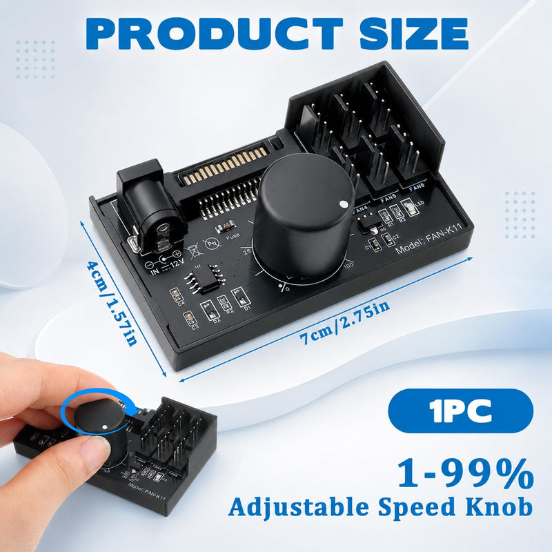 12V 4-Pin PWM Fan Controller, 6 Fans Supported, PC Fan Adapter Hub Adjustable Speed Knob Power Supplied with SATA DC for Fans Cooling