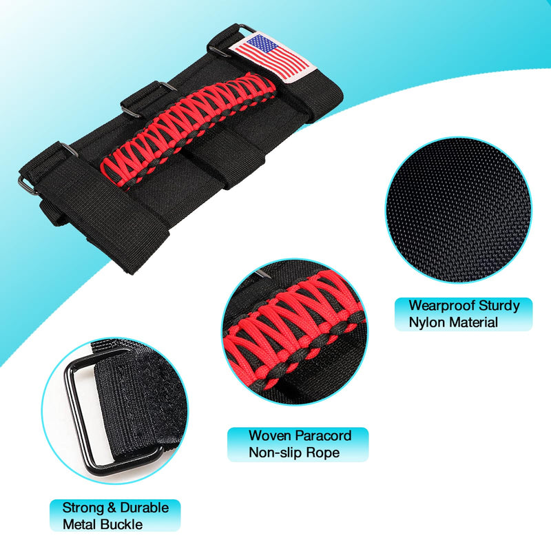 GAIZON 4 Pack Grab Handles Paracord Roll Bar for Jeep Wrangler Accessories CJ YJ TJ JL JK LJ JLU JKU Sahara Freedom Rubicon,Gladiator JT 1955-2023 Interior Accessories with America Flag(Red) Red