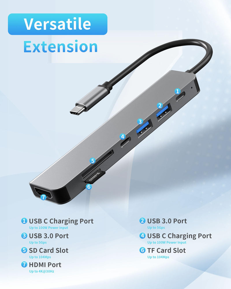 USB C Hub, 7 in 1 USB C Docking Station with 4K HDMI,100W PD, 3 5Gbps Data Ports(1 USB-C & 2 USB 3.0),TF/SD Card Reader, USB Hub for Laptop, MacBook Pro/Air/Mac/Dell/HP/ASUS/Acer/Steam Deck