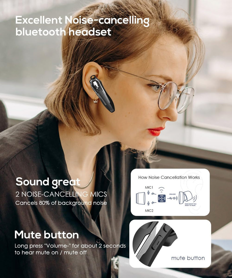 Single Ear Bluetooth Headset for Calls, Lightweight Wireless Earpiece | with Noise Canceling Microphone, 36Hrs Talk Time, Hands-Free Headset for Driving/Office, Crystal Clear Calls (Black) Black