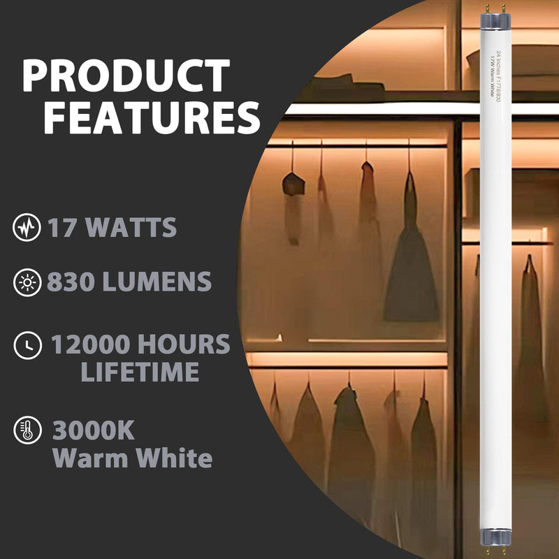 Konideke 24 inch F17T8/830 17 Watts Light Bulb Warm White, 2 Foot Straight Fluorescent Tube T8 Tube Light F17T8/WW, 1500 Lumen G13 Medium Bi-Pin Cap 8 Pack
