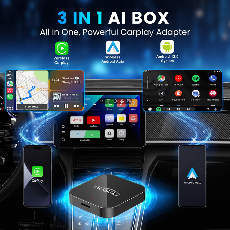 3-in-1 Magic Video Box—Wireless CarPlay & Android Auto Adapter Support Netflix,YouTube,TikTok,TF Card,Wired-to-Wireless Conversion, No Latency Car Play AI Box for Cars from 2016 & IOS10+/Android 11+ Black