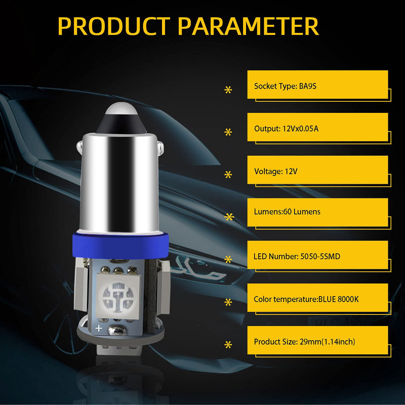 YM E-Bright 20-Pack Blue BA9S 5050 5SMD Led Bulbs Clearance Wedge Light License Plate Lamp Side Maker Light 12V Bule