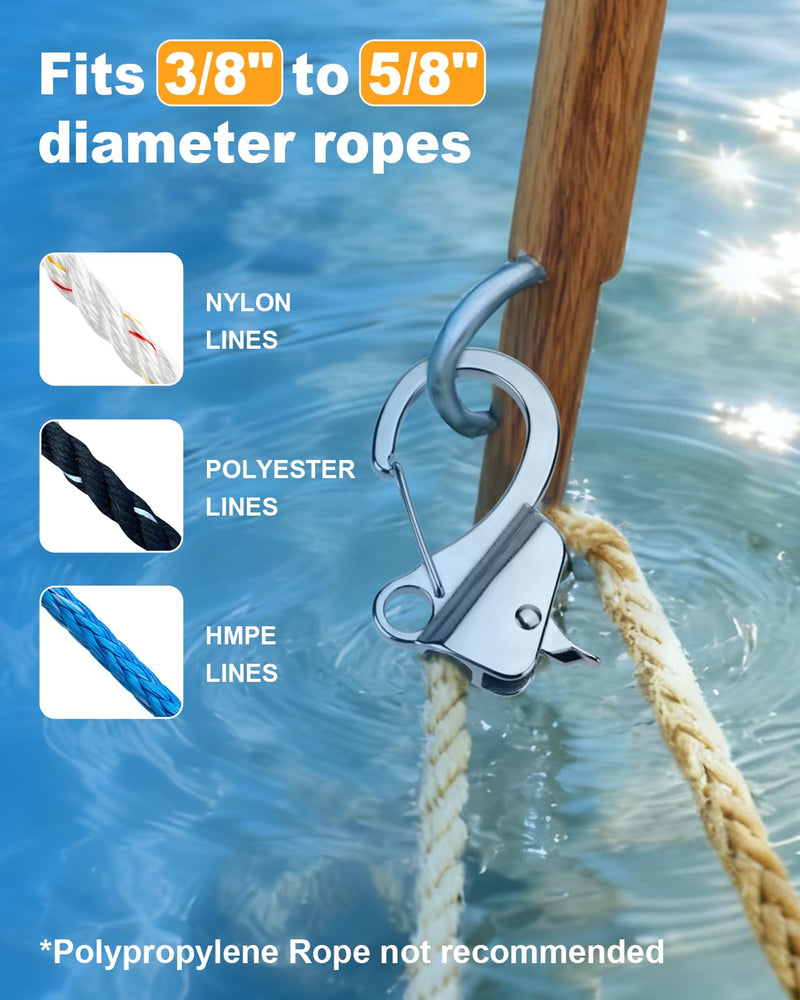Boat Anchor Hook, Stainless Steel Adjustable Sliding Rope Holder, Knotless Quick Release Marine Line Clip for 3/8" - 5/8" Lines, Max. 8500 lbs Capacity (2 Pack) 2 PACK