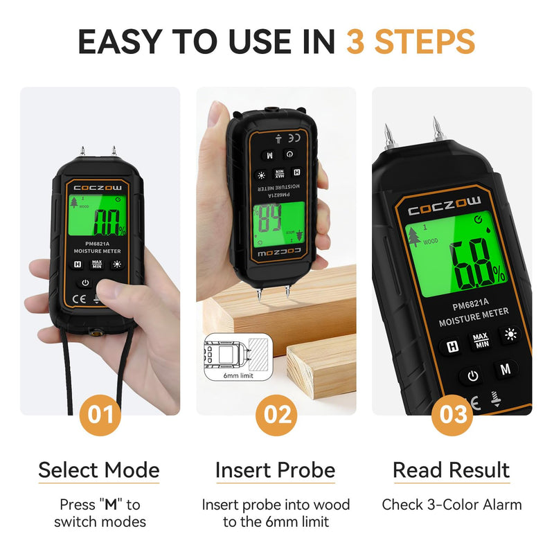 Moisture meter, moisture meter with battery and LCD display, suitable for quickly determining the moisture content of raw wood, paper, plywood, plaster walls, wooden floors, etc.
