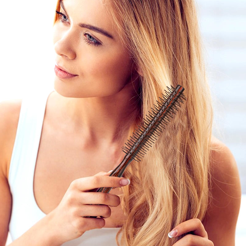 Small Round Hair Brush for Blow Drying, 1 Inch Mini Quiff Roller With Pear Wood Handle and Ball Tip Nylon Bristles, Curling Styling Brush for Women and Men's Beard