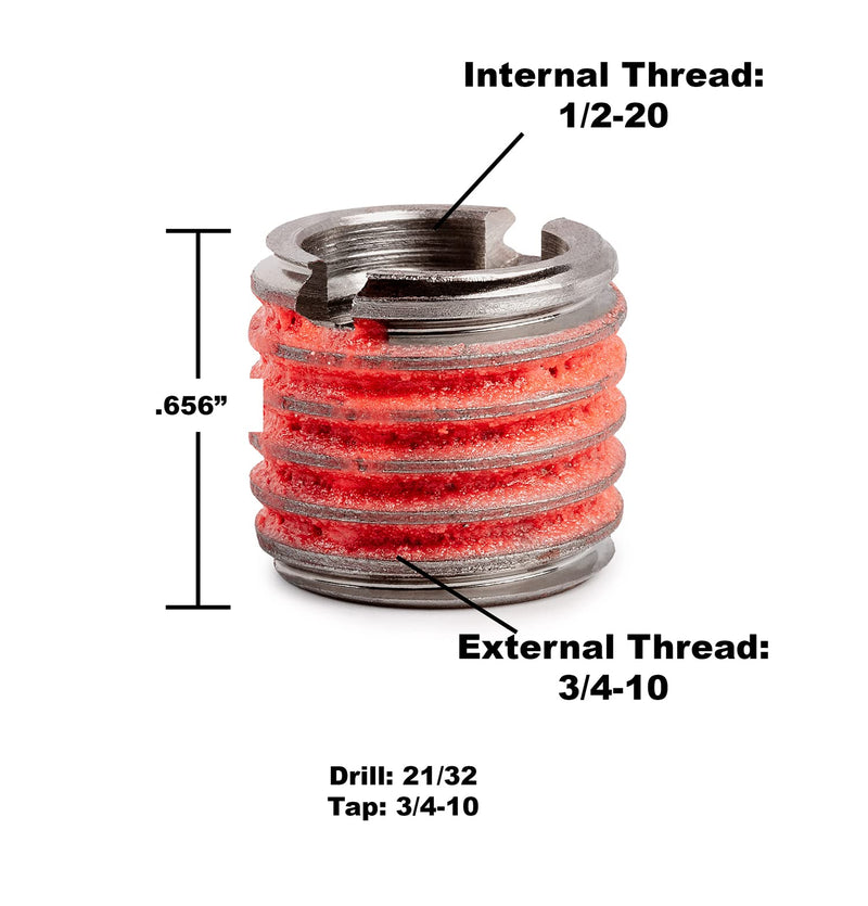 E-Z LOK - 303-820 E-Z Lok Externally Threaded Insert, 303 Stainless Steel, 1/2"-20 Internal Threads, 3/4"-10 External Threads, 0.656" Length, Made in US (Pack of 5) 1/2"-20 IT, 3/4"-10 ET, 0.656" L Pack of 5