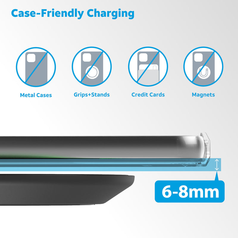 AT&T 15W Qi Certified Case-Friendly Wireless Charging Pad for Apple iPhone, Google Pixel, and Samsung Galaxy (Black) with type C to C cable Black