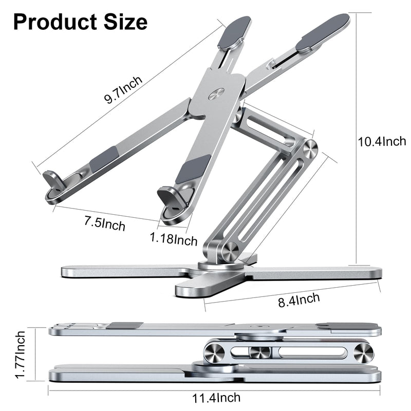 LIENS Adjustable Laptop Stand with 360 Rotating Base, Aluminum Laptop Riser for Desk Foldable, Ergonomic Notebook Stand Holder Compatible with iPad and MacBook/All Laptops up to 16 inches - Silver