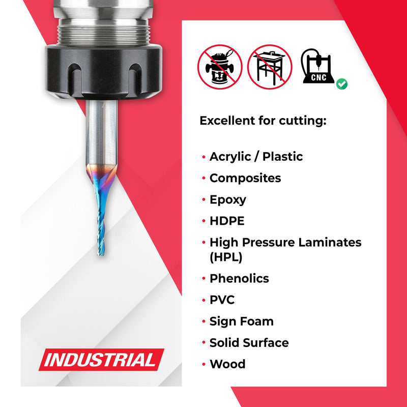 Amana Tool Up Cut Solid Carbide Spiral 2D/3D Carving Router Bit, 46290-K, Flat Bottom 0.10 Deg A x 1/16 D x 5/16 x 1/4 Shank x 2” Long x 3 Flute