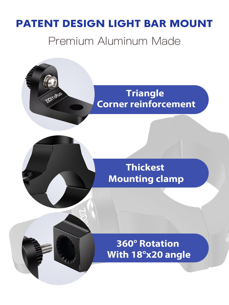Light Bar Mount for ATV- 360° Solid Aluminum Alloy Bracket for Fog LED and Driving Lights. Fits 0.75"-1.5" Bars, Set of 2pcs, ATV Motorcycle Light Bar Mount Bracket Tube Clamp