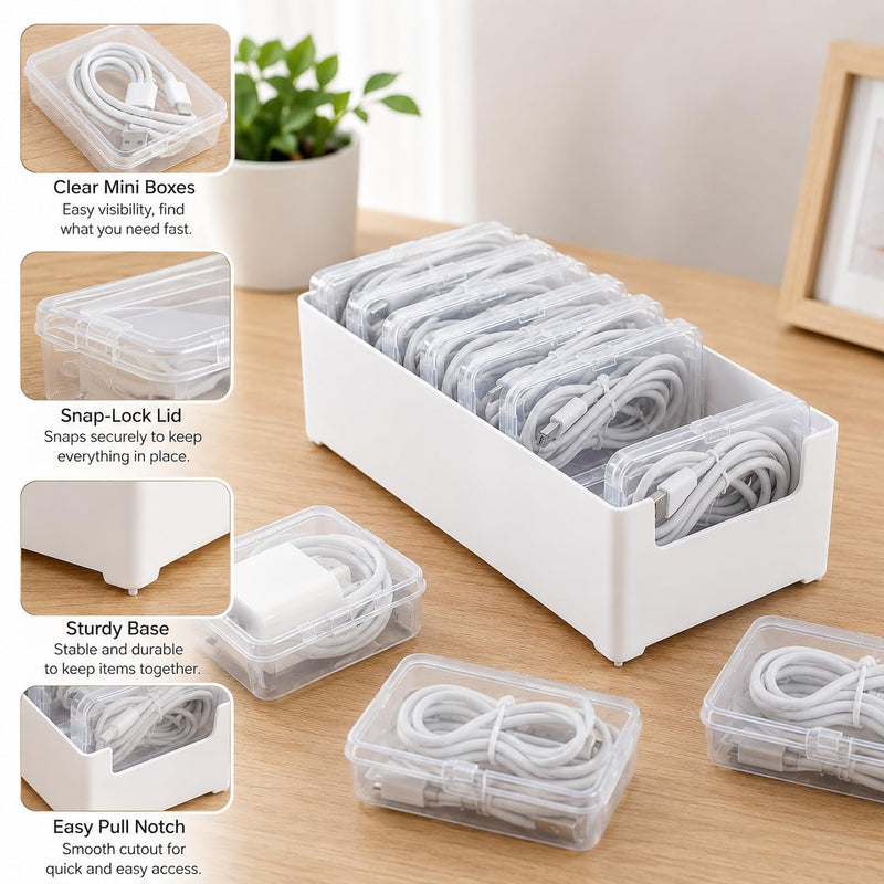 8 Pcs Cable Organizer Storage Box, Desktop Cord Management Organizer with 7 Switch Small Boxes, Clear Home Perler Beads Case for Stationery Supplies Desk Electronic Accessories, White