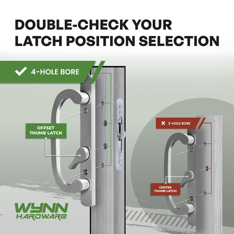 8.5" Legacy Sliding Patio Glass Door Offset Latch Brushed Chrome Handle Set Replacement - Sash Controls 2265 - No Mortise, Fits 3-15/16" Screw Hole Spacing and 1-1/4" to 2-1/4" Door Thickness