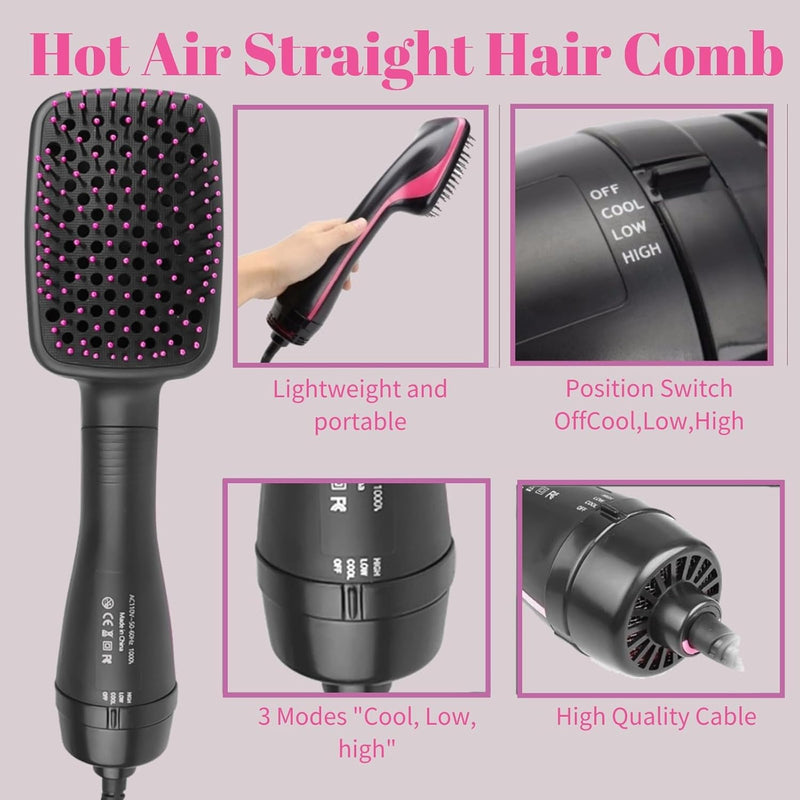 Hair Dryer Brush, 3 in 1 Negative Ion Hair Dryer Hot Air Brush Hair Styling Tool，Straightener Styler Comb Styling Hair for All Hair Types, Can Straighten Blow Dry Smooth Hair (Pink) # Pink