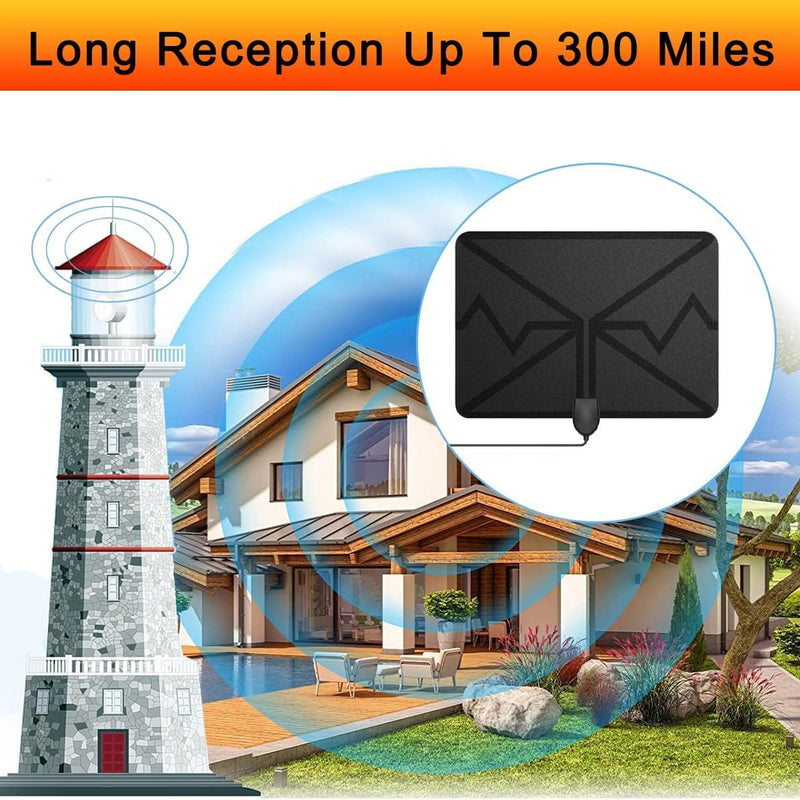 TV Antenna Indoor Long Range, Supports 4K 1080p Smart TV Signal Reception with Signal Amplifier 16ft HDTV Coax Cable Black