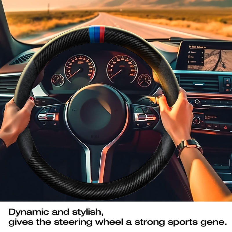 Carbon Fiber Steering Wheel Cover, Non-Slip and Sweat Absorbent, 15" Steering Wheel Covers for X5 X3 Men Women, Black (Black Suede ///) BLACK Suede ///