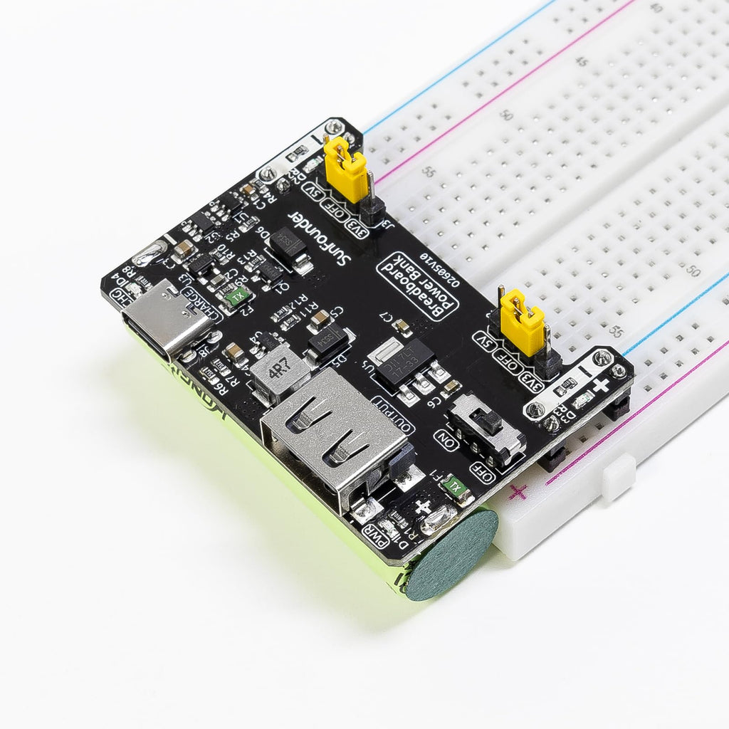 SunFounder BreadVolt Breadboard Power Supply Module Built-in Rechargeble Battery Compatible with Arduino, Raspberry Pi, Pico W, ESP32, 5V/1.5A, 3.3V/1A, USB Output (Breadboard NOT Included)