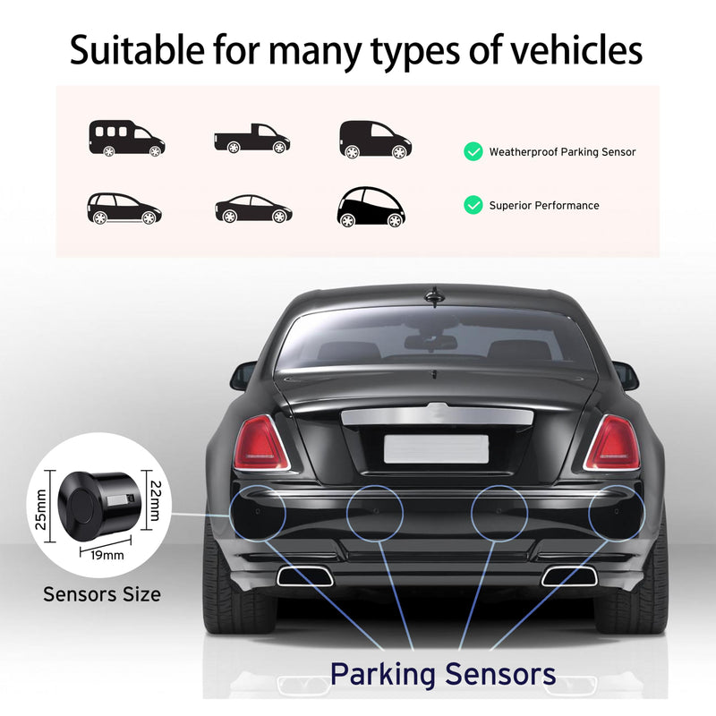 EKYLIN Cordless Parking Sensor, Reverse Sensor System with 4 Car Backup Sensors, LED Distance Display with Sound Warning + 4 Black Parking Sensors for Cars, Vans, RVs, and Trailers