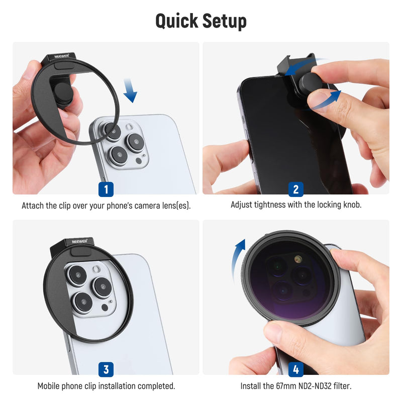 NEEWER 67mm Clip On Variable ND2-ND32 Phone Lens Filter Kit, Phone Clip with Threaded Adapter Ring/Cold Shoe/Locking Knob, HD Variable ND Filter for iPhone 15 Pro Max 14 13 Galaxy S22 S23 S24 Ultra