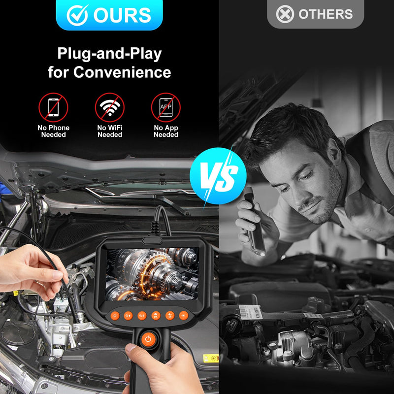 Dual Lens Endoscope Camera with Light, 1920P HD Industrial Borescope with 4.3" LCD, IP67 Waterproof Inspection Camera, 16.4FT Semi-Rigid Cable, 8 LED Lights 32GB Card, for Sewer Pipe Car Repair(Black) black