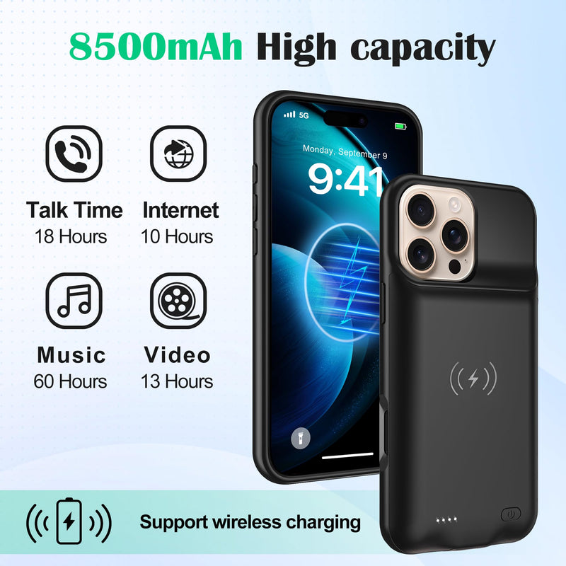 Battery Case Charger Made for iPhone 16 Pro, Type-C Ultra Slim Protective Charging Case, Wireless Slim 8500mAh Portable Rechargeable Charger - Black iPhone 16 Pro (6.1")