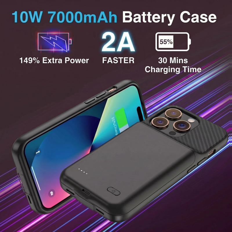 Battery Case for iPhone 16 Pro Max, Ultra-Slim Travel Portable Charging Case, 2026 Upgrade 7000 mAh Extended Battery Life, Premium Materials Rechargeable Charger Case Black