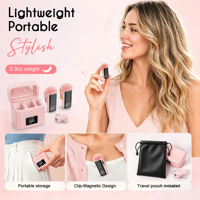 2 Mini Wireless Microphones for iPhone/Android, AI Noise Reduction | Plug & Play, 20H Battery with Charging Case, Portable Clip-On Lavalier Mic for Content Creators, Podcast, Streaming, Vlogging Pink 2