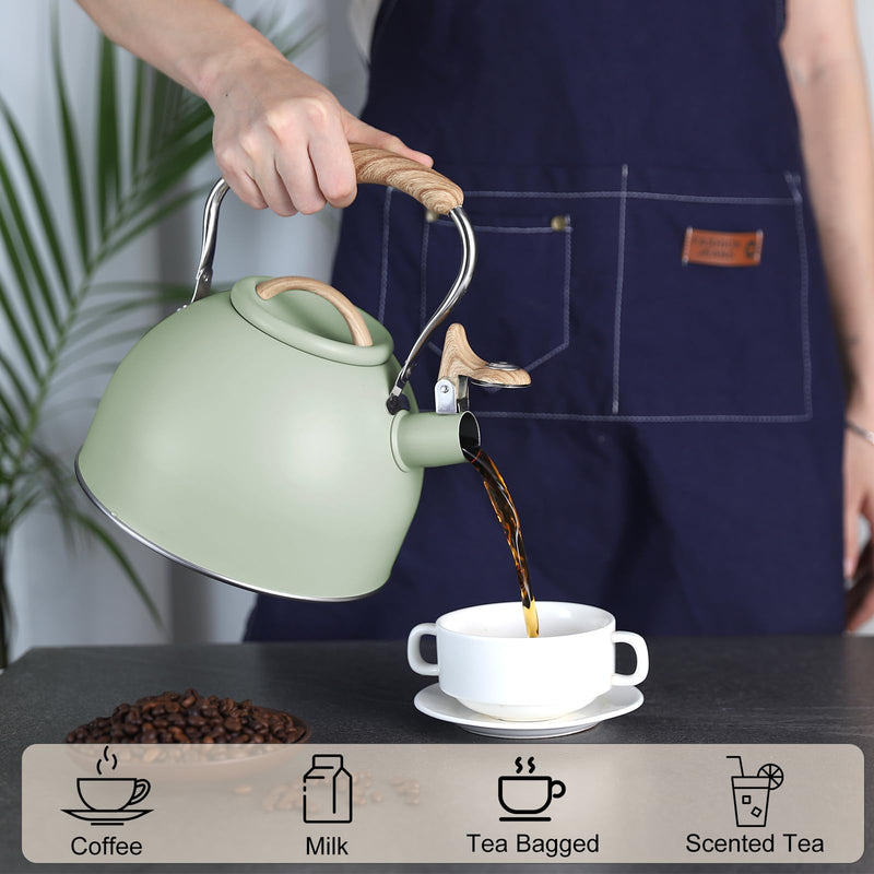 Tea Kettle, Vegoran 100 OZ / 3 Liter Whistling Tea Kettle, Tea Pots for Stove Top Food Grade Stainless Steel with Wood Pattern Folding Handle, Loud Whistle Kettle for Tea, Coffee, Milk (Green) Green