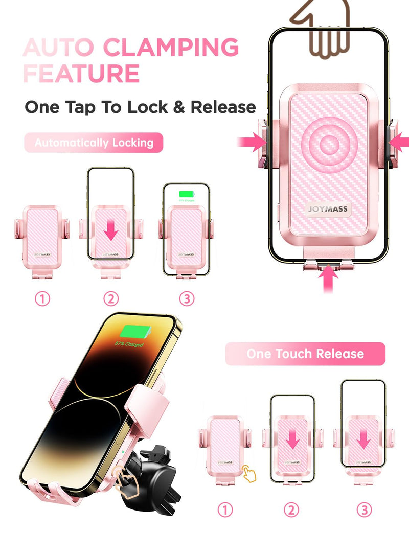Wireless Car Charger, Phone Holders for Your Car, 15W Auto Clamping Phone Mount Car Accessories for iPhone 16 15 14 13 12 Mini Pro Max 11, Samsung Galaxy S24 Ultra S23 S22+ Note 20, etc-Pink PINK