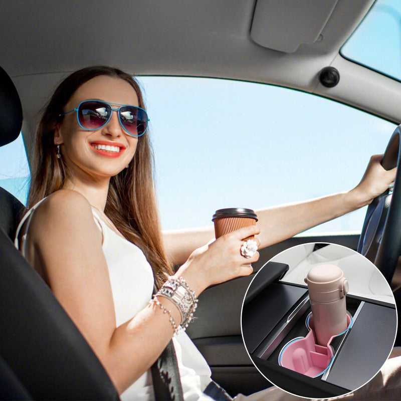 3PCS Center Console Accessories for Tesla New Model Y Juniper 2025 Model 3 Highland 2024 Cup Holder Insert, Screen Edge Protector Frame, Wireless Charger Mat Silicone, Pink New Model 3/Y